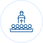 Illustration of group of people sitting in a pew, facing a pastor at a podium